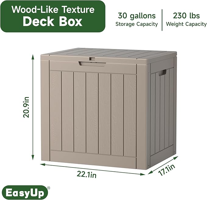 EasyUp 30 Gallon Outdoor Storage Box Waterproof, UV Resistant Outdoor Deck Box, Resin Deck Boxes for Garden Tools Equipment, Gray