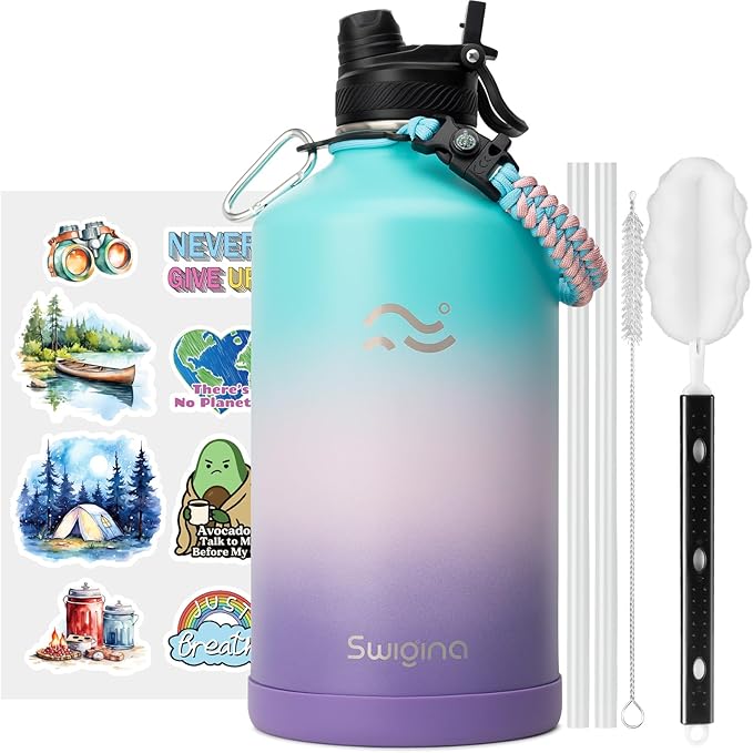 [2-IN-1 LID] Gallon Insulated Water Bottle with Silicone Boot (48hrs Cold/24hrs Hot) - DIY Stickers, Leakproof, BPA Free, 128 oz