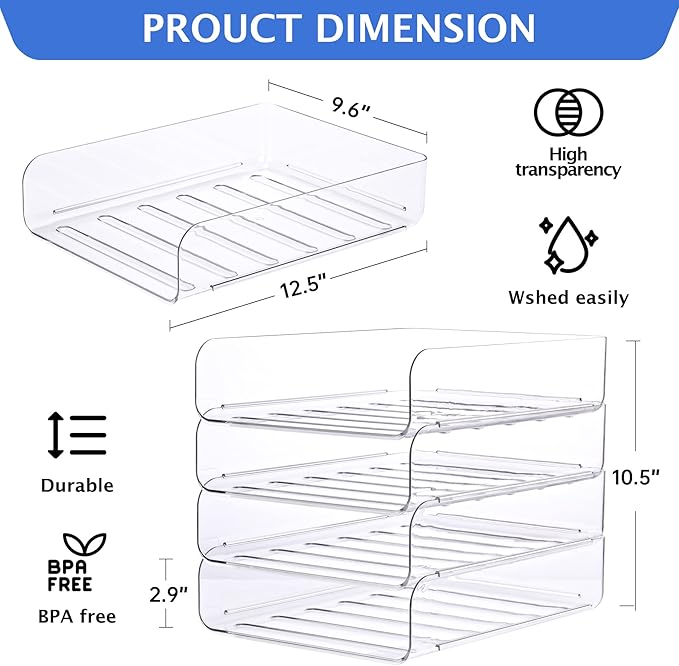 Set of 4 Office Organization and Storage, Clear PET Letter Tray Desk Organizer, Stackable Document Organizer and File Paper Organizer for Office Supplies