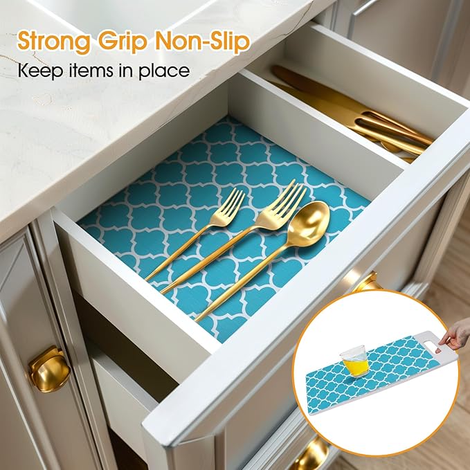 Shelf and Drawer Liner for Kitchen Cabinets Non-Adhesive, Strong Grip Non-Slip Thickened Cabinet Liners for Shelves, Waterproof Mats for Dresser Cupboard, Green/White, 17 in x 20 Feet
