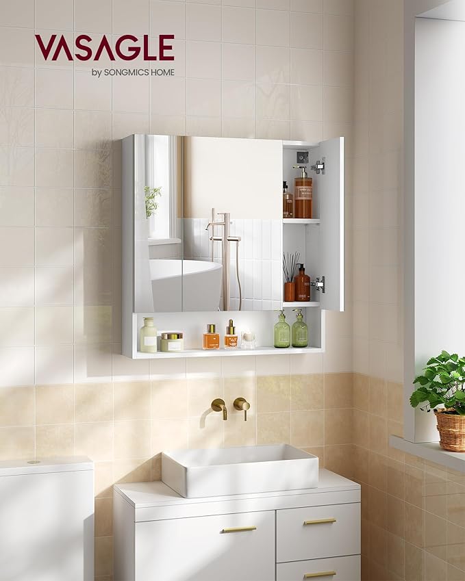 VASAGLE KAILYN Collection - Medicine Cabinet Mirror, Bathroom Wall Mirror Cabinet with Storage, Open Compartment, Adjustable Shelves, 6.5 x 27.6 x 29.5 Inches, Cloud White UBBK129W01