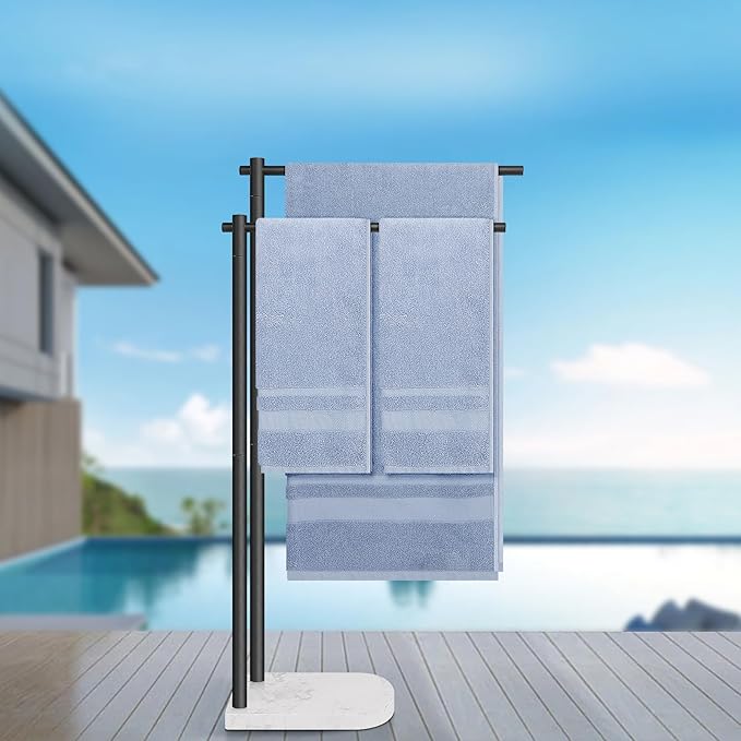 Livabber Standing Towel Rack, 304 Stainless Steel 2-Tier Towel Holder Stand with Marble Base, Modern Stylish Tall Shower Towel Bar for Bathroom Accessories, Pool（Black）