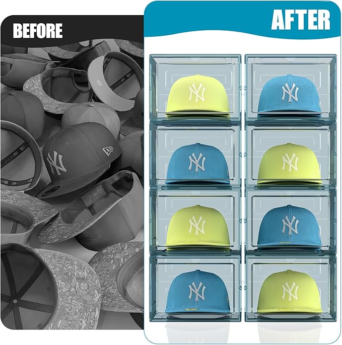Hat Organizer Box, Stackable Clear Baseball Caps Holder Box Containers with Magnetic Door for Hats Snapback Cap Storag, Hat Rack Display Case, Holds 8 Hats Each (Blue, 2 Pack)