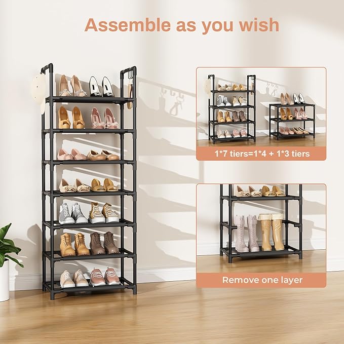 7 Tiers Shoe Rack 18-20 Pairs Boots Organizer Storage Sturdy Narrow Shoe Shelf for Entryway, Closets with Hooks, Black