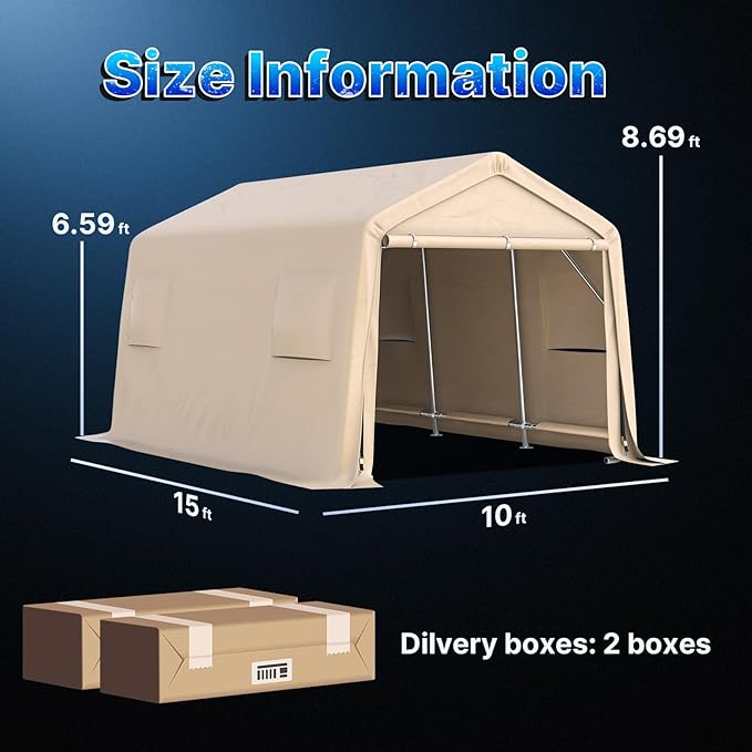 ADVANCE OUTDOOR 10x15 ft Shelter Storage Shed Steel Metal Peak Roof Portable Garage Carports for Motorcycle, Boat or Garden Tools with 2 Roll up Doors & Vents, Beige