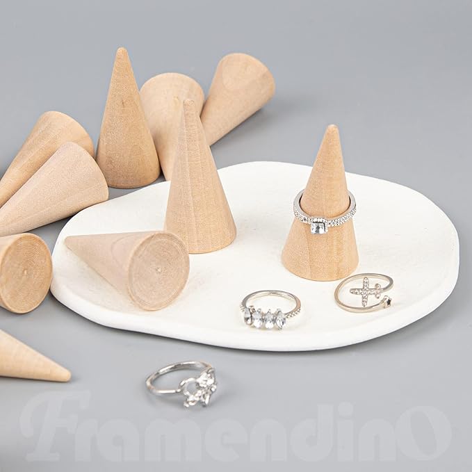 Framendino, 10 Pack Natural Wood Cone Ring HolderJewelry Display Stand Organizer DIY Craft Wooden (Vertical Shaped)