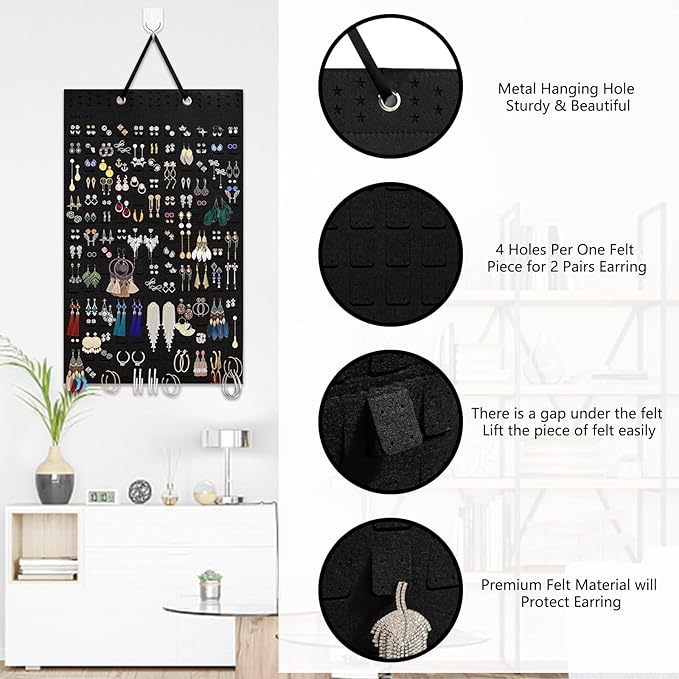 Earring Organizer Hanging Earring Holder, Holds Up To 330 Pairs, Soft Felt Wall Mount Earring Display Holder Stud Earrings Organizer for Women Girls - 2 Pack (Include Metal Hook and Rope)