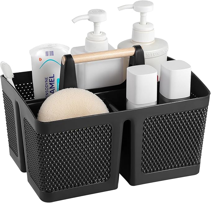 rejomiik Portable Shower Caddy Basket Plastic Cleaning Caddy Organizer Storage Tote with Handle for Bathroom, College, Dorm Room Essentials, Black