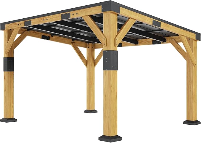 Jocisland 10x12x8 FT Cedar Wood Carport, Heavy Duty Canopy Carport with Sloped Galvanized Steel Roof for All Weather, Permanent Shelter for Tractor, Motorcycle, Bike & Garden Tools
