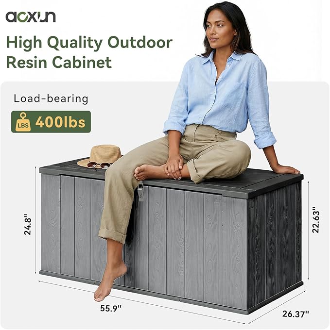 Aoxun Horizontal Storage Sheds 21 Cu.ft, HDPE Outdoor Storage Box 160 Gallon, Waterproof Lockable Resin Deck Box with Spring-Assisted Lid, Patio Storage for Garden, Pool, Cushions, Tools, Gray