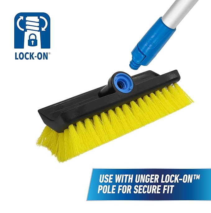 Unger Professional Hydropower Lock-On 10” Bi-Level Scrub Brush, Cleaning Supplies, Scrubber Tool, Compatible with Waterflow Poles, Use in Garage, Driveway, Deck, Concrete, Cement, & Brick(Pack of 12)