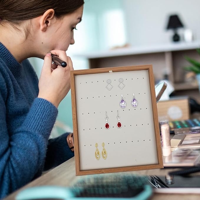 Wooden Earring Display Organizer Multi-slots Jewelry Holder Small Desktop Earring Rack for Studs and Dangling Jewelry Storage Accessory Organizer