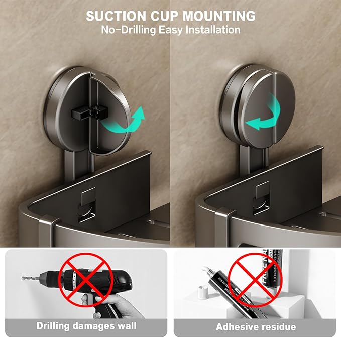 VOLPONE Shower Caddy Suction Cup, 2 Pack Corner Shower Shelves No Drilling, Showers Organizer Storage with Towel Bar & Removable Hooks, Bathroom Shower Shelf Rack for Inside Showers, Triangle