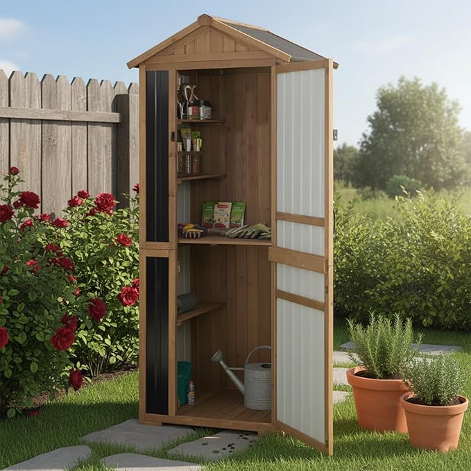 Outdoor Storage Cabinet 70 Inch, Wooden Vertical Garden Tool Storage Shed with Adjustable Shelves, Waterproof Roof, Lockable Doors, Small Backyard Utility Cabinet for Patio Garage
