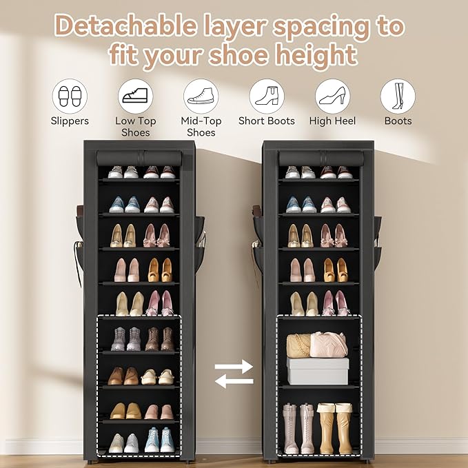 Narrow Shoe Rack with Cover 10 Tier Tall Shoe Rack Organizer Large Capacity Shoe Shelf Storage 18-22 Pairs Space Saving Free Standing Shoe Storage Organizer for Closet, Entryway, Dorm, Black