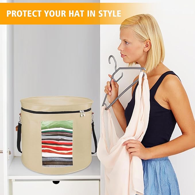 Large Hat Storage Box for Women & Men, 19" D x 17" H Oversized Hat Box Organizer，Foldable Round Travel Hat Boxes with Dustproof Lid, Stuffed Toy Storage Bin Bag (Milk Coffee)