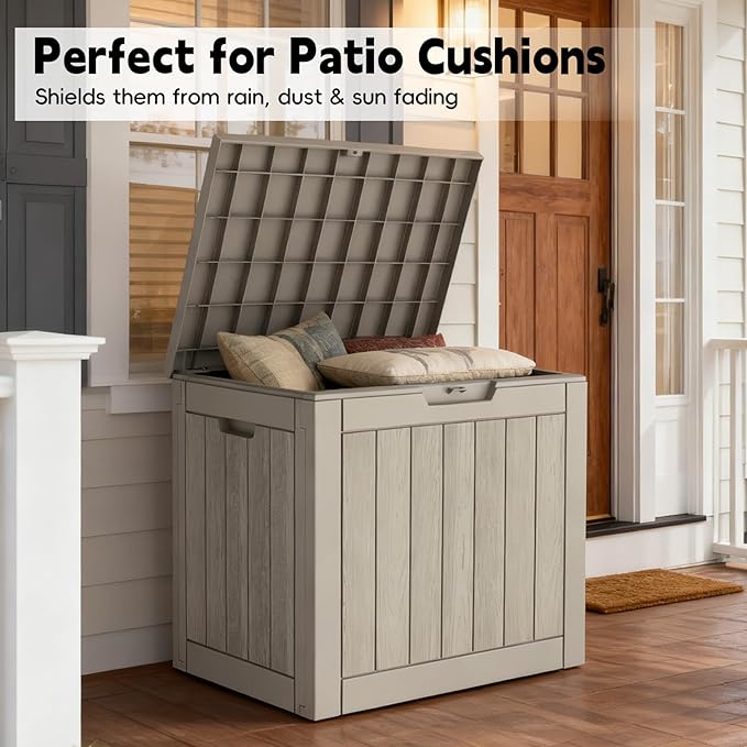 Outdoor Storage Box, 35 Gallon Deck Box Waterproof, Resin Patio Storage Bin for Package Delivery, Patio Furniture Cushion, Garden Tools, Pool Accessories, Weatherproof, Grey