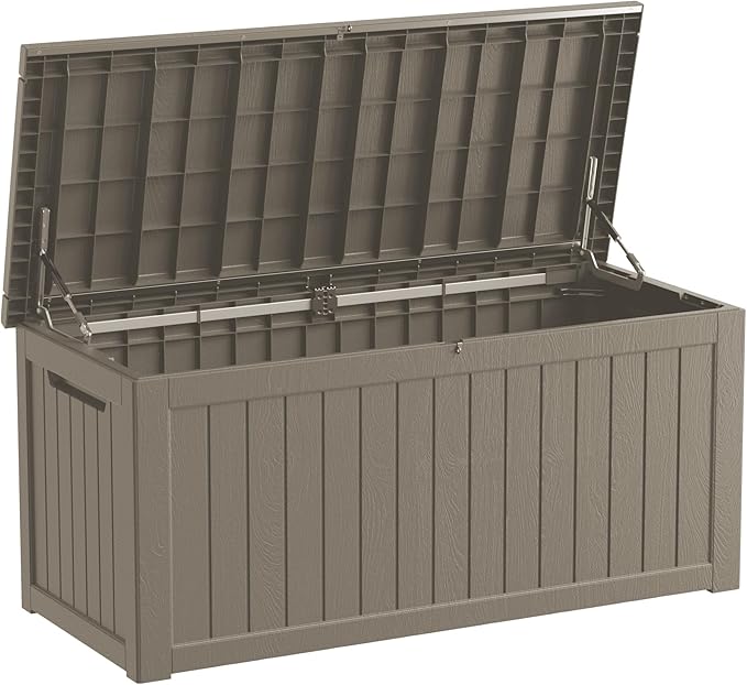 Outdoor Storage Box, 270 Gallon Lockable Resin Deck Box Large Waterproof, Patio Storage Bin for Furniture Cushion, Garden Tools and Pool Accessories, UV-Resistant Bench Cabinet for Outside, Gray