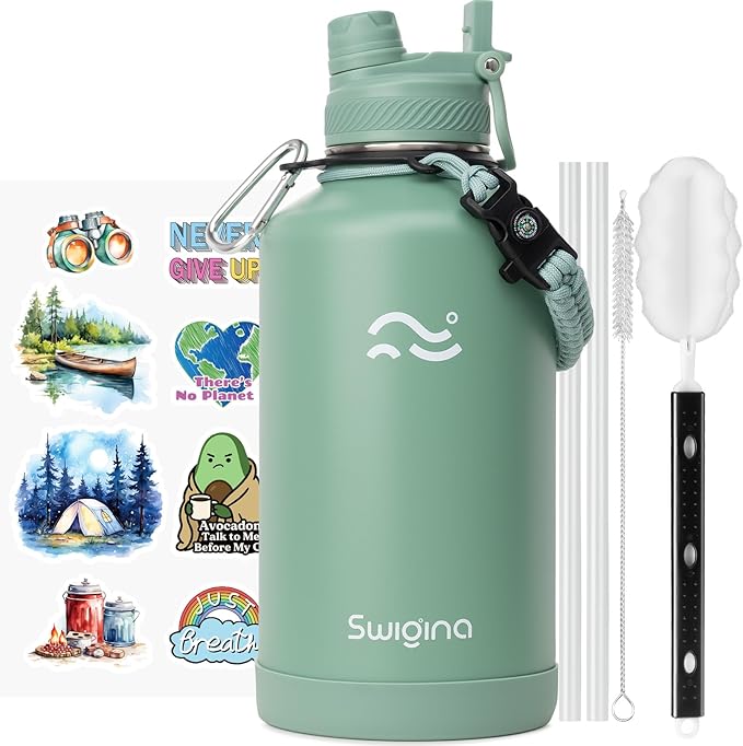 [2-IN-1 LID] 64 oz Insulated Water Bottle with Silicone Boot (48hrs Cold/24hrs Hot) - DIY Stickers, Leakproof, BPA Free, Half Gallon