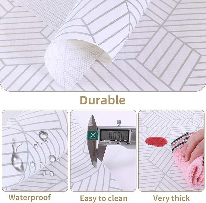 Shelf Liners for Kitchen Cabinets 24in x 20FT, Non Adhesive Cabinet Liner Strong Non-Slip Thickened Silver Geometric Easy to Clean for Shelf, Cabinet, Refrigerator with Knife and Tape Measure