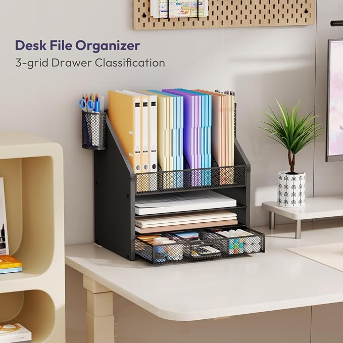 SWTYMIKI Desk Organizer with Drawers - Mesh and Wood Desk File Organizer with Pen Holders, 4-Tier Paper Organizer for Office Organizer and Accessorie, School and Home Storage, Black