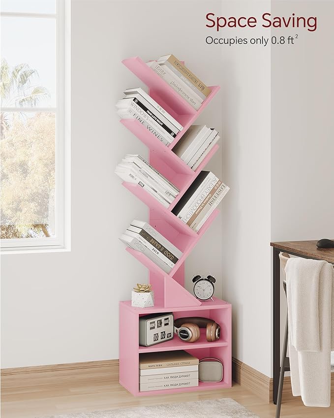 SUNMORY 6 Tier Tree Bookshelf, Small Bookcase with Storage Cabinet, Modern Tall Narrow Bookshelves Organizer, Floor Standing Book Shelf for Bedroom/Living Room/Home Office/Corner, Pink