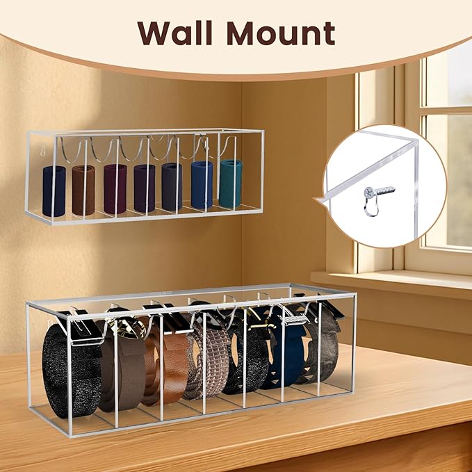 Acrylic Belt Organizer with Separated Cover, 7 Compartment Clear Storage Case for Belts, Ties & Bow Ties | Closet & Drawer Display Holder for Men & Women Dust-proof Rack