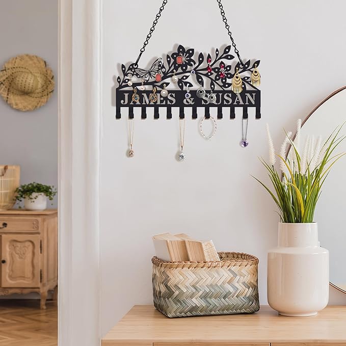 Personalized Wall Mounted Metal Earring Holder Custom Hanging Jewelry Organizer for Earrings and Necklaces Space Saving Wall Mounted Display Shelf with Hooks Valentine's Day Gifts