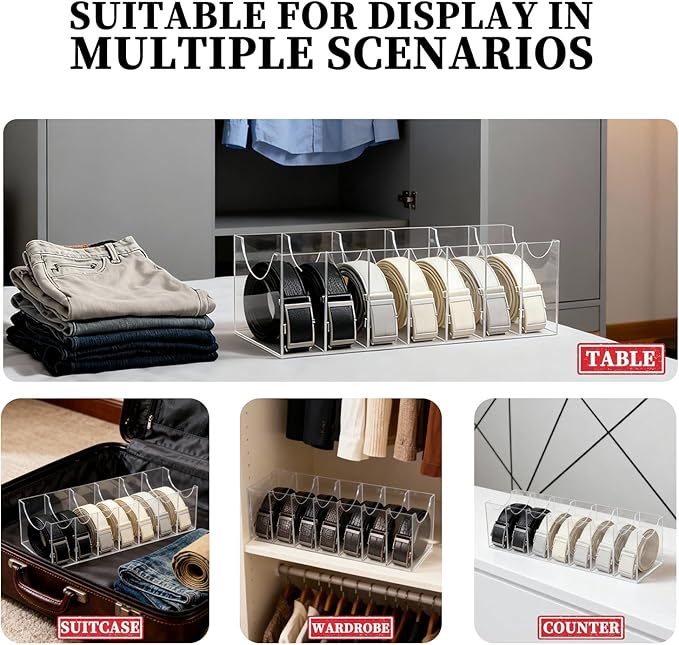 Belt Organizer Rack 7-Grid Acrylic Transparent Belt Box for Men's and Women's Home use Transparent Wardrobe tie and Bow Display Cabinet with Storage Container for Drawers and wardrobes