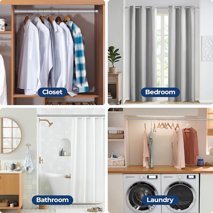 Mavivegue Closet Rod, 17 to 57 Inch Adjustable Closet Rods for Hanging Clothes, Silver Hanging Rod for Closet Wardrobes Laundry RV, Bathroom