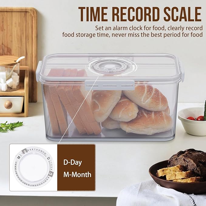 Bread Box Bread Boxes for Kitchen Counter Airtight, Time Recording Bread Storage Container with Lid, Bread Keeper for Homemade Bread, Toast, Bagel, Donut and Cookies, White
