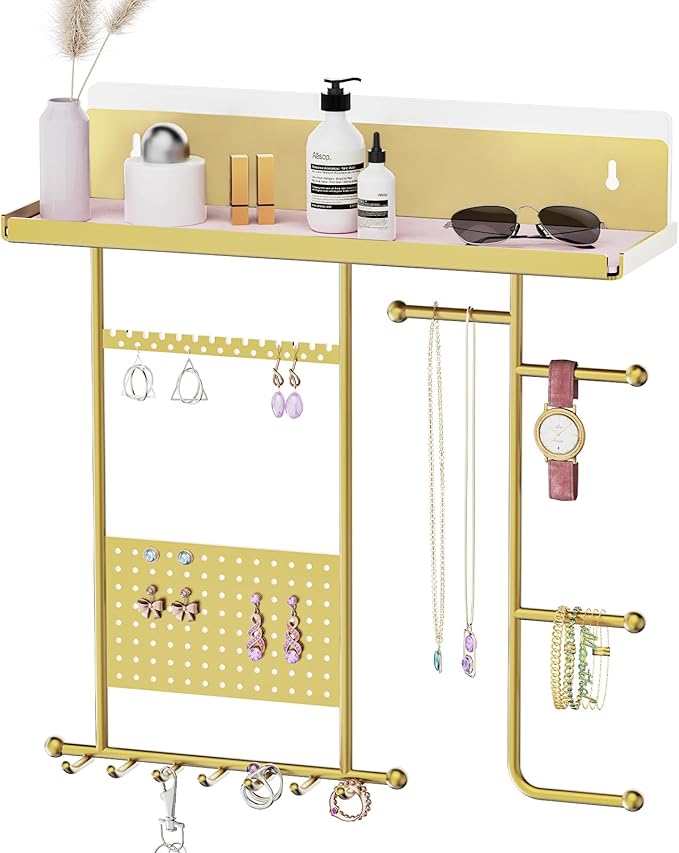 Wall Mounted Jewelry Organizer with Shelf: Metal Display Stand with Velvet Pad, Multi-Layer Necklace Hanging Rack for Bedroom Bathroom Space Saving No-Drill Wall Decor