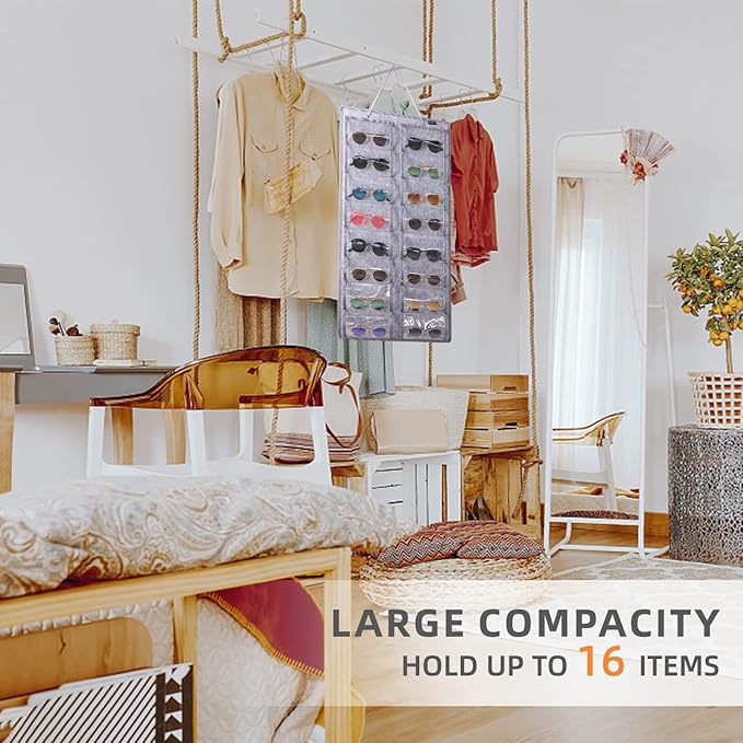 Sunglasses Organizer Storage - 16 Slots Glasses Storage Wall Pocket Display Hanging on Door, Eyewear Display, Dust-Proof
