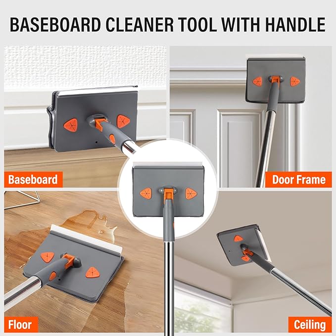 Wall Cleaner Mop with Long 85" Handle,Baseboard Cleaner Tool with Handle,180° Folding Ceiling Tool Duster with Squeegee,360 Rotatable Wall Mop,10 Replacement Pads for Cleaning Baseboard,Window
