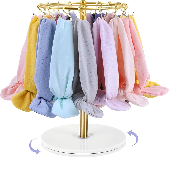 Planetgreen 360° Rotating Headband Holder for Baby Girls - Gold Hair Bow Organizer Display Stand with 30 Hooks - Spinning Hair Accessories Storage Rack for Nursery Room, Dresser & Vanity Table