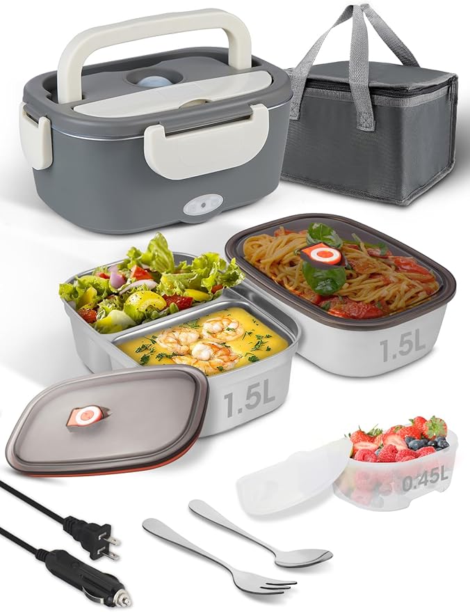 Electric-Lunch-Box-Heated-Food Warmer, 80W Heating Lunchbox for Adults, 2 Pack 1.5L Stainless Steel Containers, 12/24/110V Portable Warmer for Work/Car Lonchera Eléctrica Portátil (Beige)