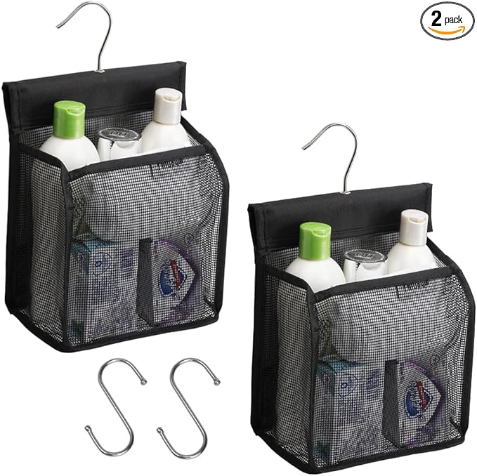 ALYER Hanging Mesh Shower Caddy Organizer Bathroom Storage Bag with Hooks for College Dorm, Gym, Swimming,RV and Travel,Black-2 Pack