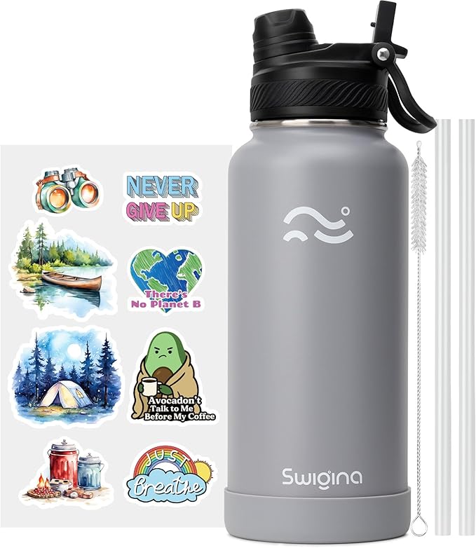 [2-IN-1 LID] Insulated Water Bottle with Silicone Boot (36hrs Cold/18hrs Hot) - DIY Stickers, Leakproof, BPA Free, 32 oz