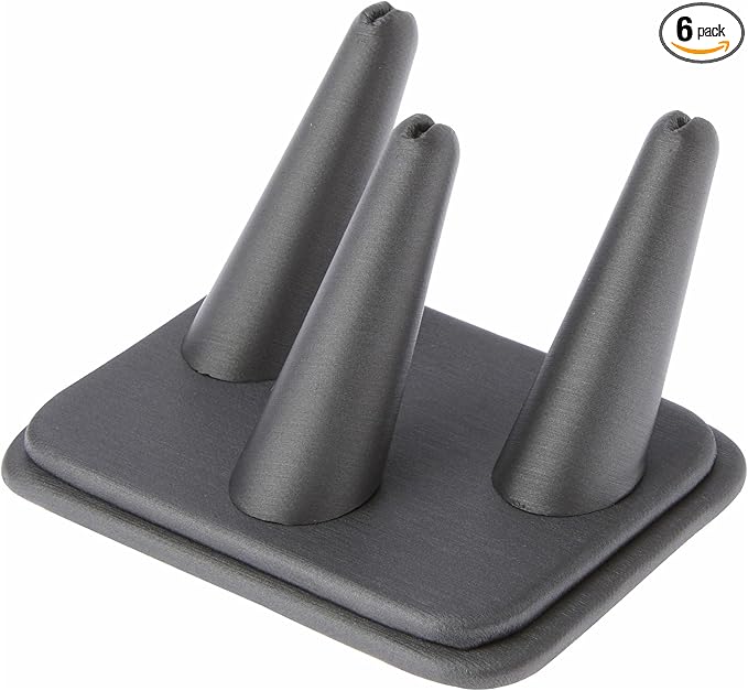 Plymor Gray Faux Leather Ring Finger Display, Three on Rectangular Base, 4.125" W x 3.25" D x 2.25" H (Pack of 6)
