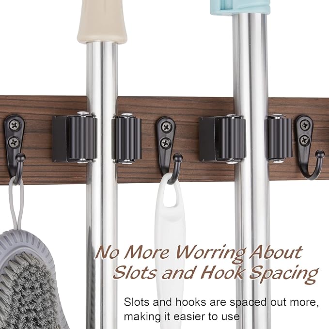 2 Pack Mop Broom Holder Wall Mount - Wood Broom Mop Hanger - Wall Mounted Garden Tool Rack Organizer for Closet Garage Laundry Room Farmhouse Rustic Kitchen Decor With 4 Slots & 4 Hooks