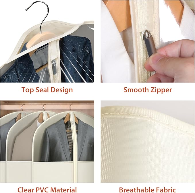 Univivi Suit Bags for Closet Storage, 40" Garment Bags for Hanging Clothes, Garment Bag for Travel and Storage with Large Visible Window for Suit Coat, Jacket, Sweaters (Set of 6), Biege