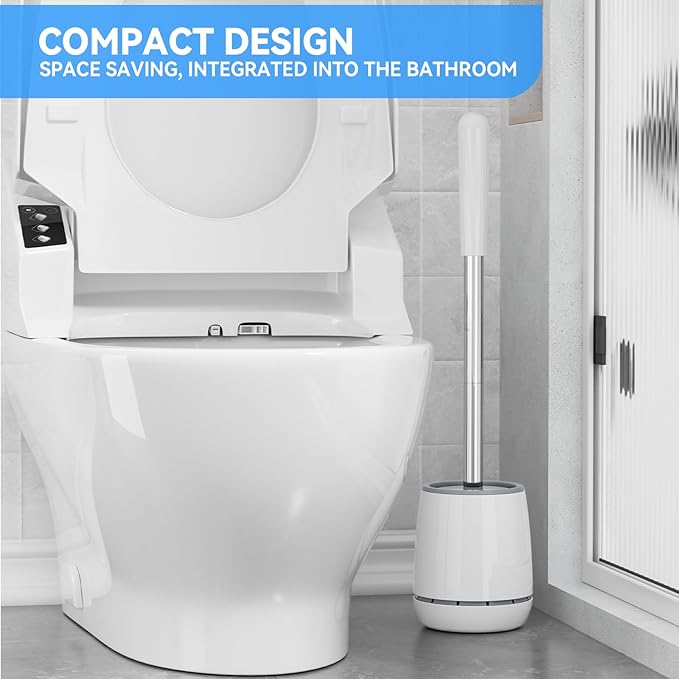 Toilet Brush, Toilet Brush and Holder with 304 Stainless Steel Handle, Space Saving Toilet Bowl Brush for Storage, Durable Bristles Toilet Scrubber for Bathroom Cleaning (2, White)