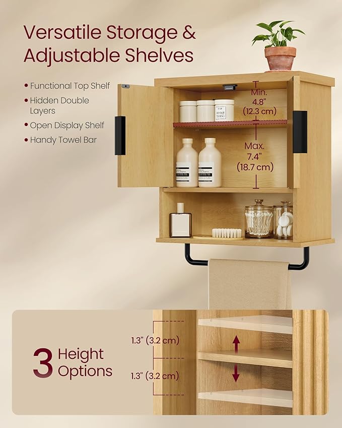 VASAGLE MAXE Collection - Bathroom Cabinet Wall Mounted, Over Toilet Hanging Cabinet with Adjustable Shelf, Towel Bar, Fluted Doors, 7.9 x 17.7 x 24 Inches, Transitional, Oak Beige UBBK137Y01S