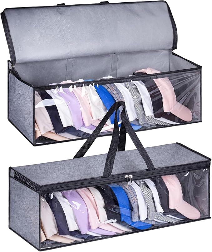 KIMBORA 2 PCS Wide Hat Storage for Baseball Caps Organizer with 2 Sturdy Handles Hat Racks Holder Grey Capbox Stackable for Home Travel