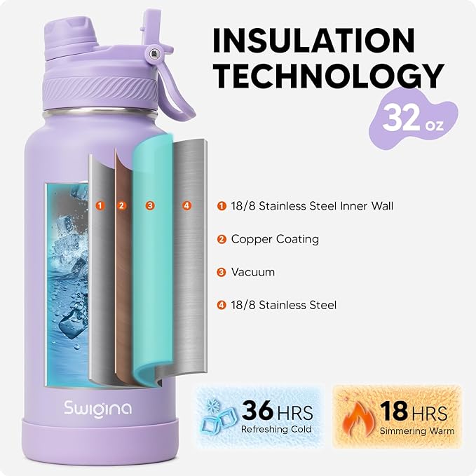 [2-IN-1 LID] Insulated Water Bottle with Silicone Boot (36hrs Cold/18hrs Hot) - DIY Stickers, Leakproof, BPA Free, 32 oz