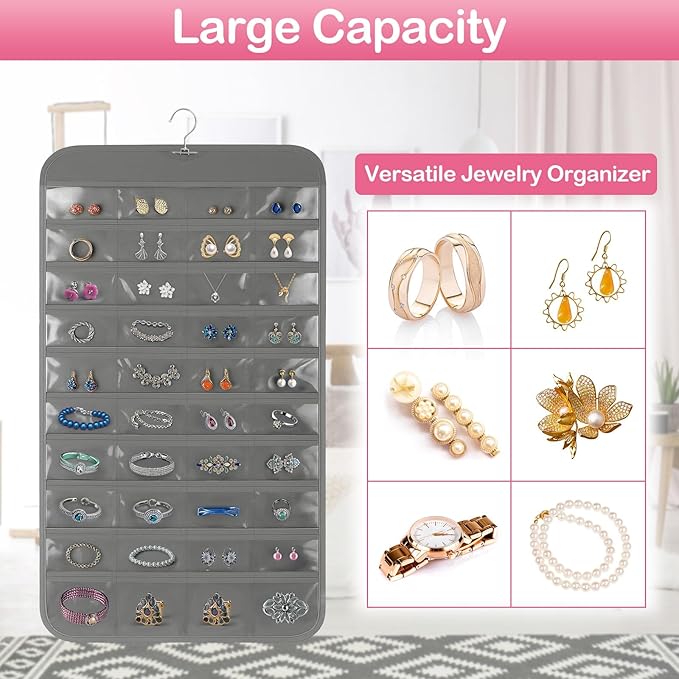 Hanging Jewelry Organizer for Closet with Swiveling Hanger, 17 x 30 In, 80 Clear Pockets Jewelry Organizer Hanging for Jewelries, Earrings, Accessories (Beige) (3, Gray)