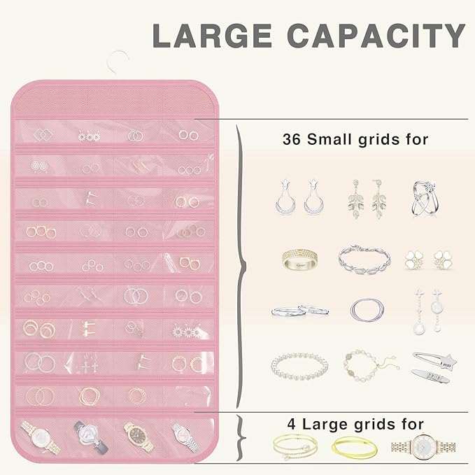Hanging Jewelry Organizer Storage, 40 Pockets 36 Hooks Necklace Earring Necklace Bracelet Ring Organizer, Double - Sided Design, Pink
