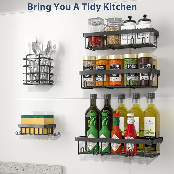 5 Pack Shower Caddy Organizer Rack Shelf for Inside Shower, Adhesive Bathroom Wall Storage Basket Rustproof Stainless Steel Shampoo Holder, Bathroom Accessory Decor Set, Black.