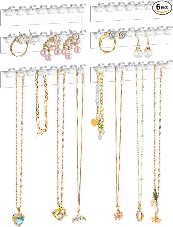 NiHome 6-Pack 48 Hooks Wall-Mounted Clear Plastic Jewelry Organizers for Earrings, Necklaces, Bracelets, Rings, Studs, No-Drill Adhesive Installation Racks for Closet, Bathroom, Bedroom, Mirror