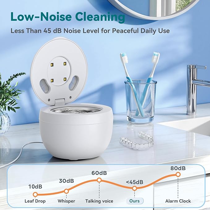 Dental Ultrasonic Retainer Cleaner Machine: 45kHz Dental Cleaning Pod for Denture, Mouth Guard, Night Guard, Aligner, Braces, Toothbrush Head & Jewelry, UV Cleaner with Digital Timer & 4 Modes, White